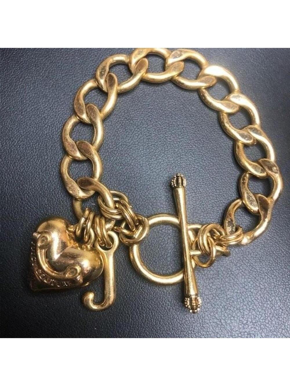 B4324 Juicy Couture Gold Tone Logo Banner Heart J Charm Toggle Bracelet 7.5"